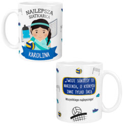 Biały kubek dla siatkarki z kolorową grafiką i napisem personalizowanym Karolina
