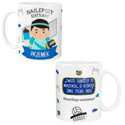 Kubek dla siatkarza z napisem 'Najlepszy Siatkarz Przemek' oraz motywem piłki i siatki do siatkówki