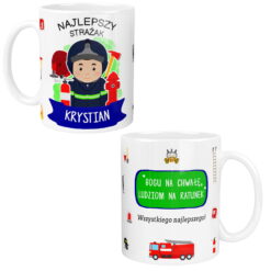 Kubek dla strażaka z postacią strażaka i napisem Najlepszy Strażak Krystian