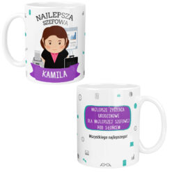 Personalizowany kubek dla szefowej z imieniem Kamila i życzeniami urodzinowymi.