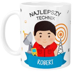 Kubek z napisem Najlepszy Technik i imieniem Robert, grafika technika telekomunikacji z urządzeniami