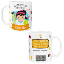 Kubek dla tenisistki z imieniem Karolina i motywami tenisowymi