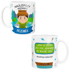 Kubek dla wędkarza z imieniem Przemek i grafiką wędkarza w kapeluszu z rybami oraz łodzią na wodzie