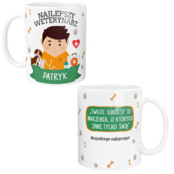 Biały kubek dla weterynarza z imieniem Patryk i grafiką zwierząt oraz napisem Najlepszy Weterynarz