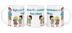 Kubek Najlepsza Przedszkolanka z ilustracją nauczycielki i dzieci oraz personalizowanym napisem