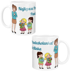 Biały kubek z ilustracją przedszkolanki i dwojga dzieci oraz napisem Najlepsza Przedszkolanka Pani Alinka