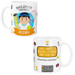 Kubek Najlepszego Tenisisty personalizowany z imieniem Przemek i grafiką tenisisty
