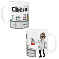 Kubek z nadrukiem 'Najlepszy nauczyciel chemii' oraz ilustracją chemika w białym fartuchu z probówką