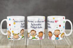 Personalizowany kubek z kolorowymi rysunkami dzieci i napisem dla nauczycieli