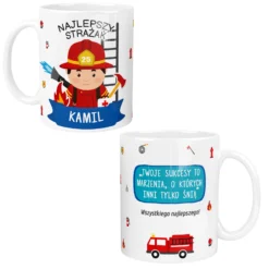 Personalizowany kubek dla strażaka z imieniem Kamil i ilustracją strażaka w czerwonym hełmie