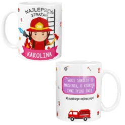 Personalizowany kubek dla strażaka kobiety z imieniem Karolina i grafiką strażaczki z hełmem