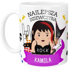 Biały kubek z grafiką rockowej dziewczyny, napisem Najlepsza Dziewczyna i imieniem Kamila