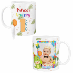 Kubek dla dziecka na roczek z napisem Pierwsze Urodziny i zdjęciem dziecka, dekorowany motywem dinozaura i balonów