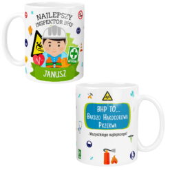 Biały kubek z personalizacją dla Inspektora BHP z grafiką i napisem, zdjęcie przodu i tyłu kubka