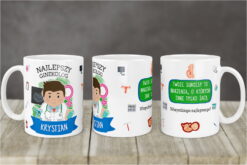 Kubek dla lekarza ginekologa z nadrukiem postaci lekarza, symbolami medycznymi i napisem personalizowanym Krystian
