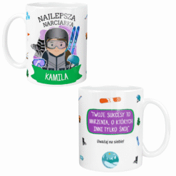 Kubek dla Narciarki z imieniem Kamila i grafiką narciarki w kasku oraz motywami narciarskimi