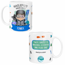 Biały kubek z grafiką narciarza i tekstem Najlepszy Narciarz Tomek oraz cytatem motywacyjnym