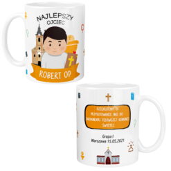 Personalizowany kubek dla ojca zakonnika z nadrukiem 'Najlepszy Ojciec Robert OP' i symbolem kościoła oraz podziękowaniem za przygotowanie do komunii