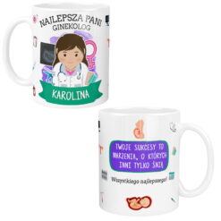Kubek personalizowany dla pani doktor ginekolog z imieniem Karolina i motywami medycznymi