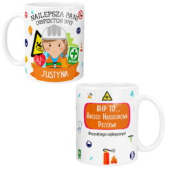 Kubek z napisem najlepsza pani inspektor BHP i imieniem Justyna oraz ilustracjami związanymi z BHP