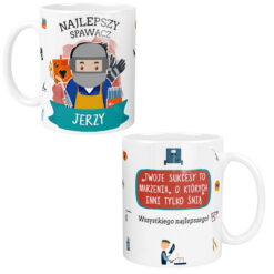 Kubek dla spawacza z napisem Najlepszy Spawacz Jerzy i grafiką spawacza w przyłbicy