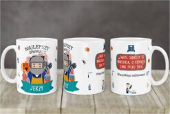 Kubek dla spawacza z napisem Najlepszy Spawacz Jerzy i ilustracją spawacza w hełmie