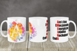 Kubek z nadrukiem imienia Amelka w kolorowych plamach oraz cechami charakteru ułożonymi w krzyżówkę