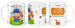 Kubek z nadrukiem dla murarza z imieniem Rysiek i grafiką postaci murarza