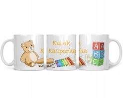 Kubek dla dziecka z imieniem Kacperek oraz ilustracjami misia, cymbałków i klocków