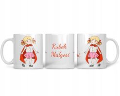 Kubek dla dziewczynki z imieniem Małgosia i ilustracją dziewczynki w czerwonym płaszczu i różowej spódniczce
