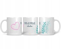 Biały kubek z nadrukiem napis mama idealna i kolorowymi motywami serca i liści