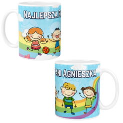Kubek personalizowany dla Pani Cioci z ilustracjami dzieci na tle tęczy i napisem Najlepsza Pani Agnieszka