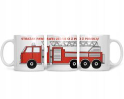 Kubek dla zapalonego strażaka z imieniem Paweł i grafiką czerwonego wozu strażackiego