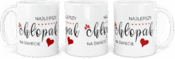 Biały kubek z napisem Najlepszy chłopak na świecie i czerwonym sercem.