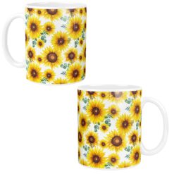 Kubek biały z wzorem żółtych słoneczników na całej powierzchni
