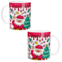 Kubek świąteczny z kolorowym wzorem Mikołaja, choinki i prezentów na białym tle z czerwonym akcentem