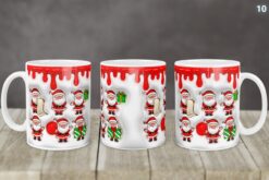 Kubek Świąteczny Z Mikołajem Bałwankiem 3D 14 Wzorów | Kreatorprezentu.pl Kubek świąteczny z czerwonym wzorem kropli i figurkami Mikołaja w różnych pozach