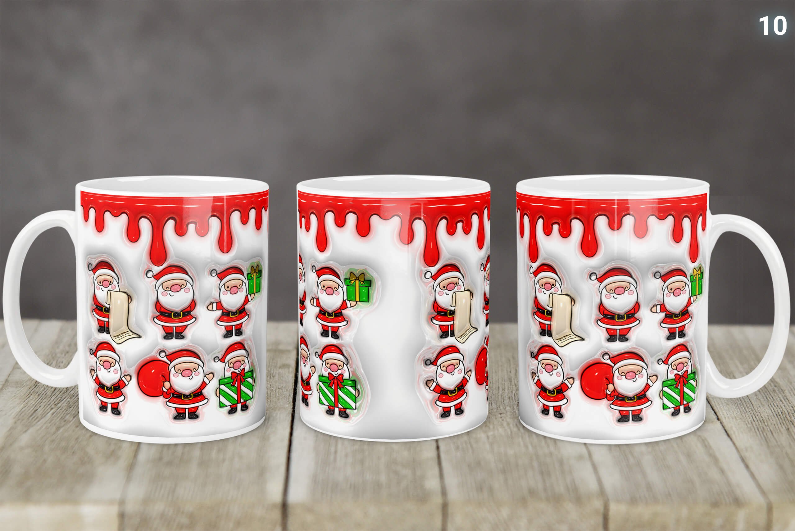 Kubek Świąteczny Z Mikołajem Bałwankiem 3D 14 Wzorów | Kreatorprezentu.pl Kubek świąteczny z czerwonym wzorem kropli i figurkami Mikołaja w różnych pozach