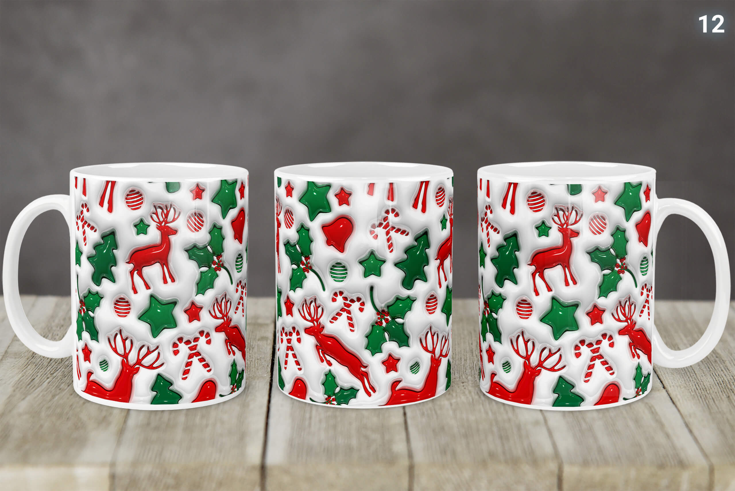 Kubek Świąteczny Z Mikołajem Bałwankiem 3D 14 Wzorów | Kreatorprezentu.pl Kubek świąteczny z wzorem reniferów, gwiazdek i ozdób w kolorach czerwonym i zielonym