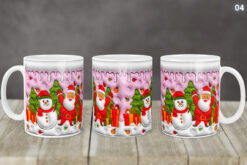 Kubek Świąteczny Z Mikołajem Bałwankiem 3D 14 Wzorów | Kreatorprezentu.pl Kubek świąteczny z kolorowym nadrukiem Mikołaja i bałwanka na tle choinek i prezentów