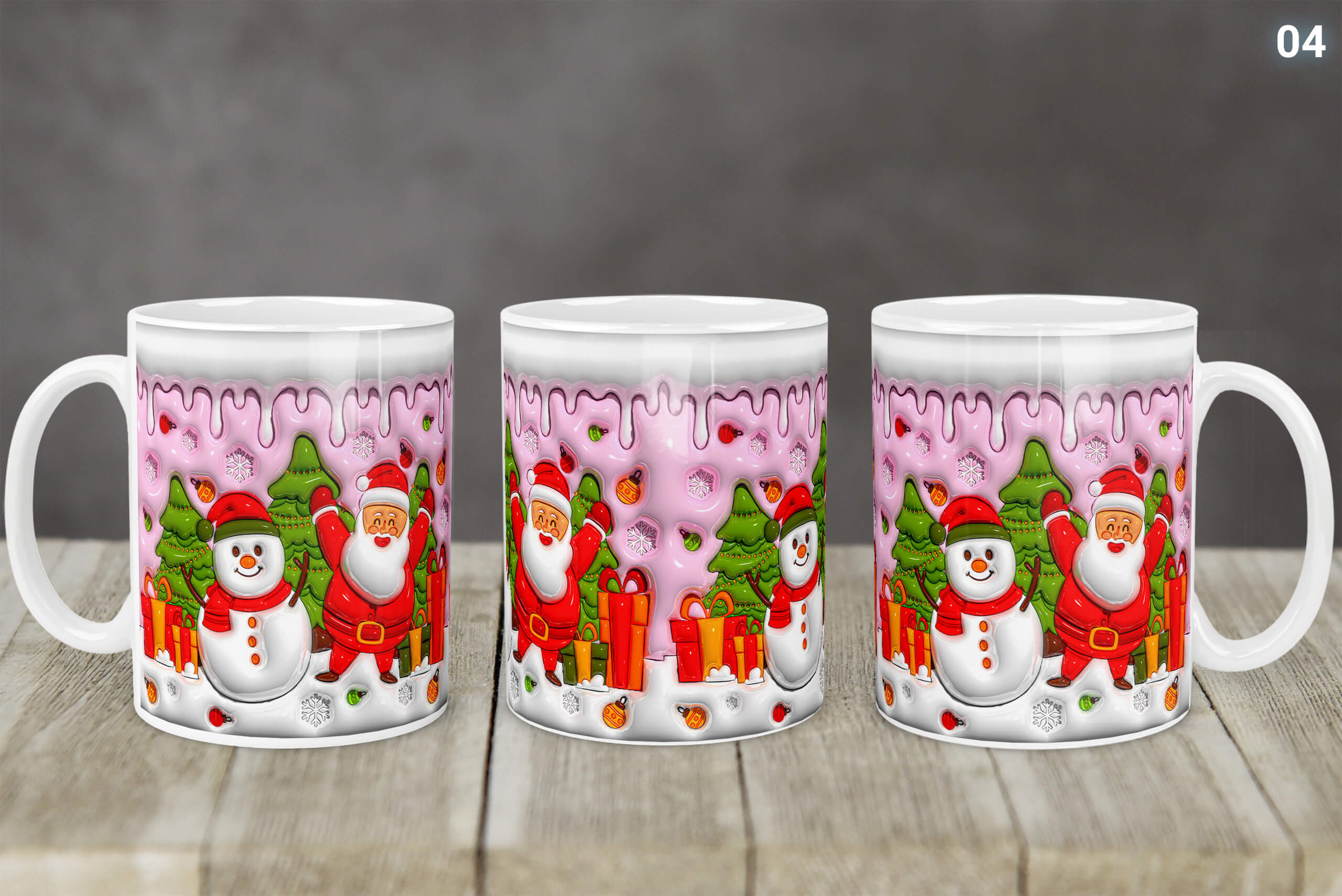 Kubek Świąteczny Z Mikołajem Bałwankiem 3D 14 Wzorów | Kreatorprezentu.pl Kubek świąteczny z kolorowym nadrukiem Mikołaja i bałwanka na tle choinek i prezentów