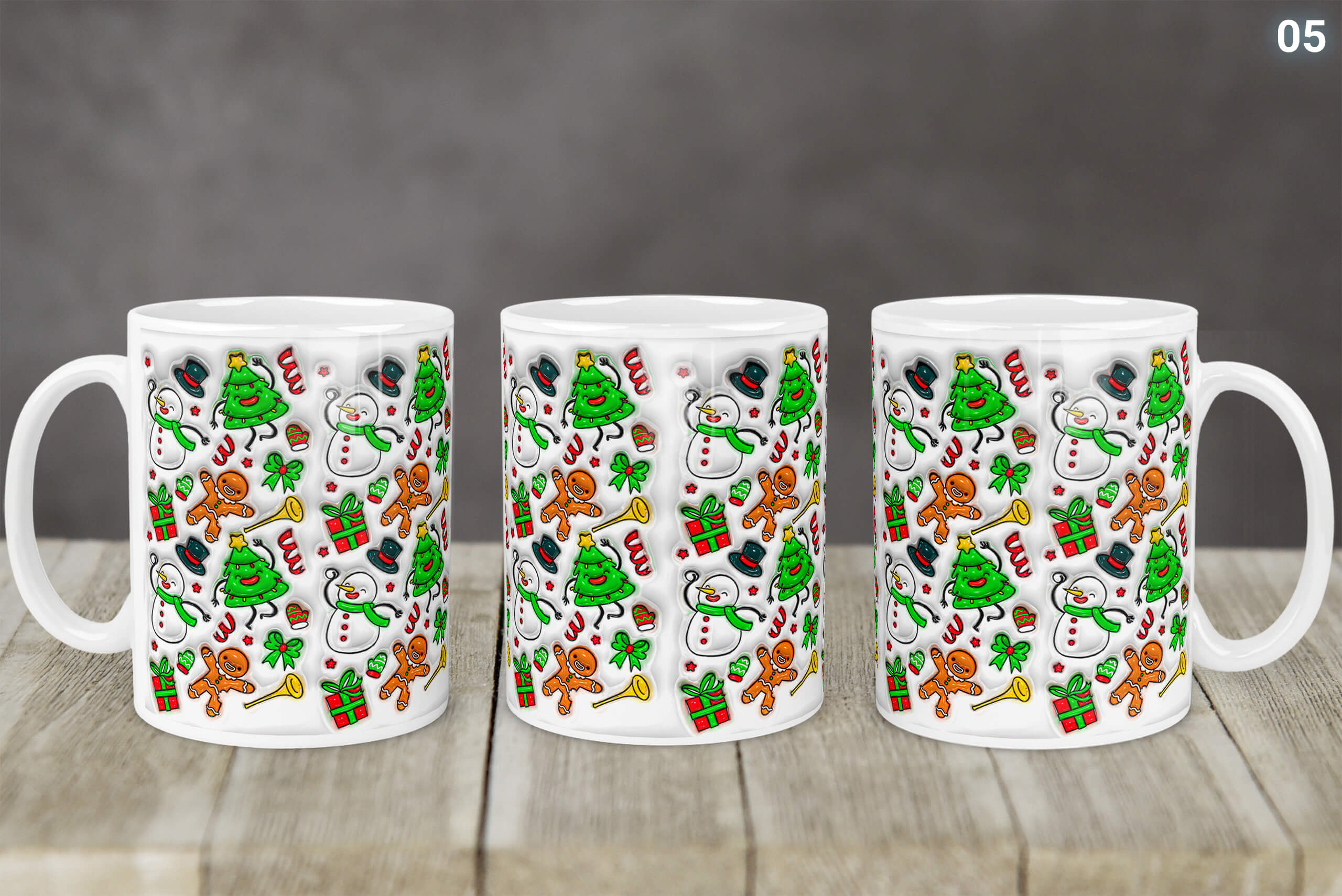 Kubek Świąteczny Z Mikołajem Bałwankiem 3D 14 Wzorów | Kreatorprezentu.pl Kubek świąteczny z wzorami bałwanka, choinki, piernika i prezentów na białym tle