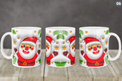 Kubek Świąteczny Z Mikołajem Bałwankiem 3D 14 Wzorów | Kreatorprezentu.pl Kubek świąteczny z kolorowym wzorem Mikołaja i zielonych gałązek, widok z trzech stron
