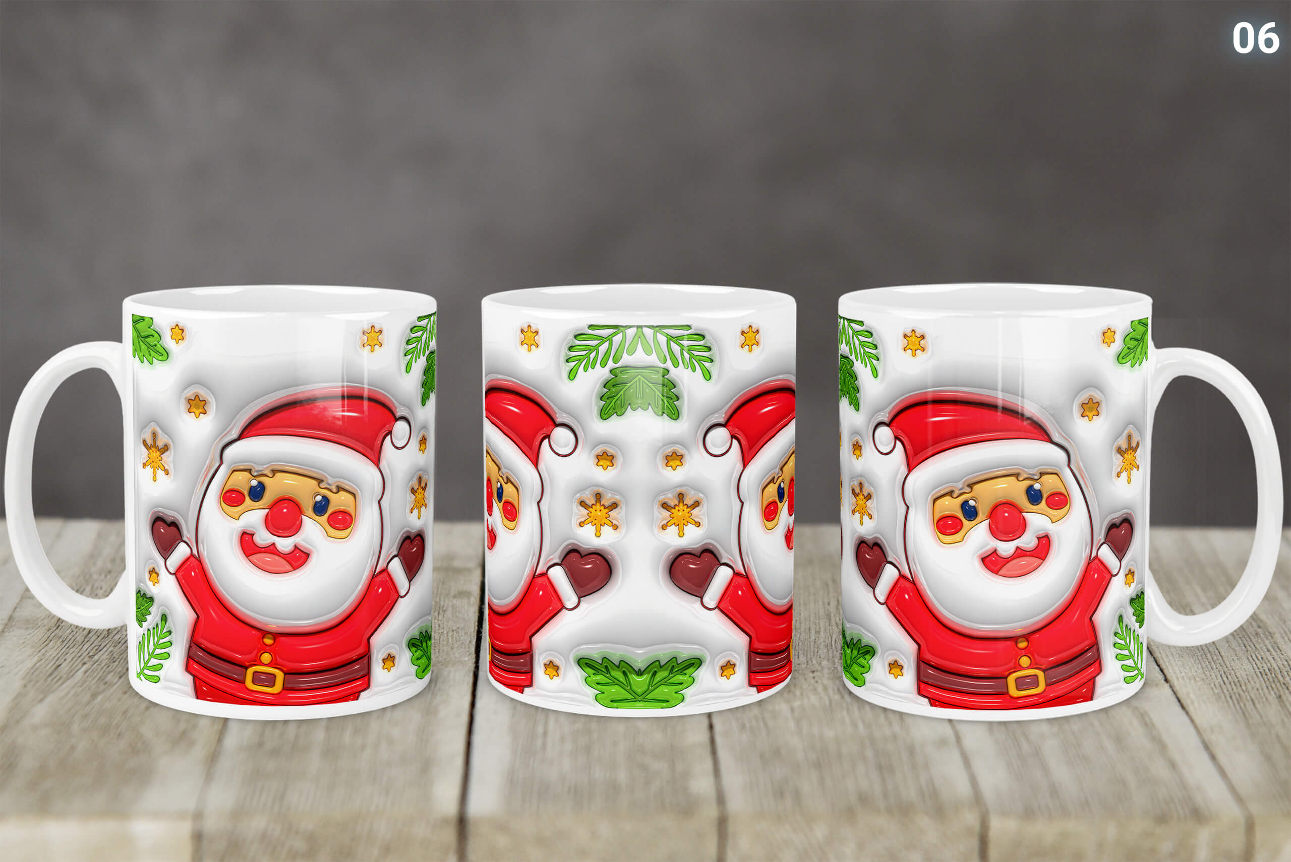 Kubek Świąteczny Z Mikołajem Bałwankiem 3D 14 Wzorów | Kreatorprezentu.pl Kubek świąteczny z kolorowym wzorem Mikołaja i zielonych gałązek, widok z trzech stron