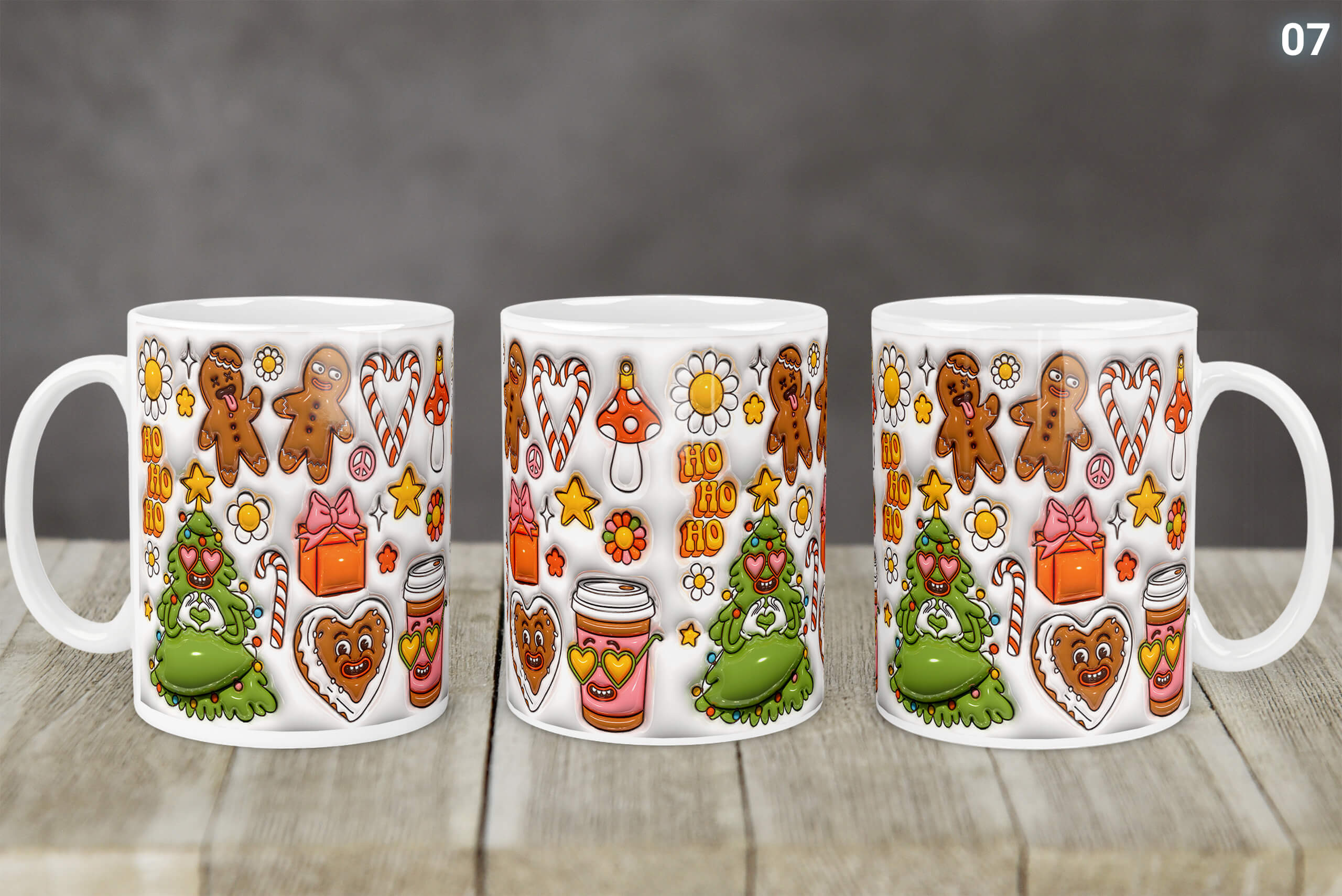 Kubek Świąteczny Z Mikołajem Bałwankiem 3D 14 Wzorów | Kreatorprezentu.pl Kubek świąteczny z kolorowymi ilustracjami pierników, choinki i słodyczy na białym tle