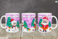 Kubek Świąteczny Z Mikołajem Bałwankiem 3D 14 Wzorów | Kreatorprezentu.pl Kubek świąteczny z nadrukiem Mikołaja i bałwanka na fioletowym tle z choinkami i prezentami