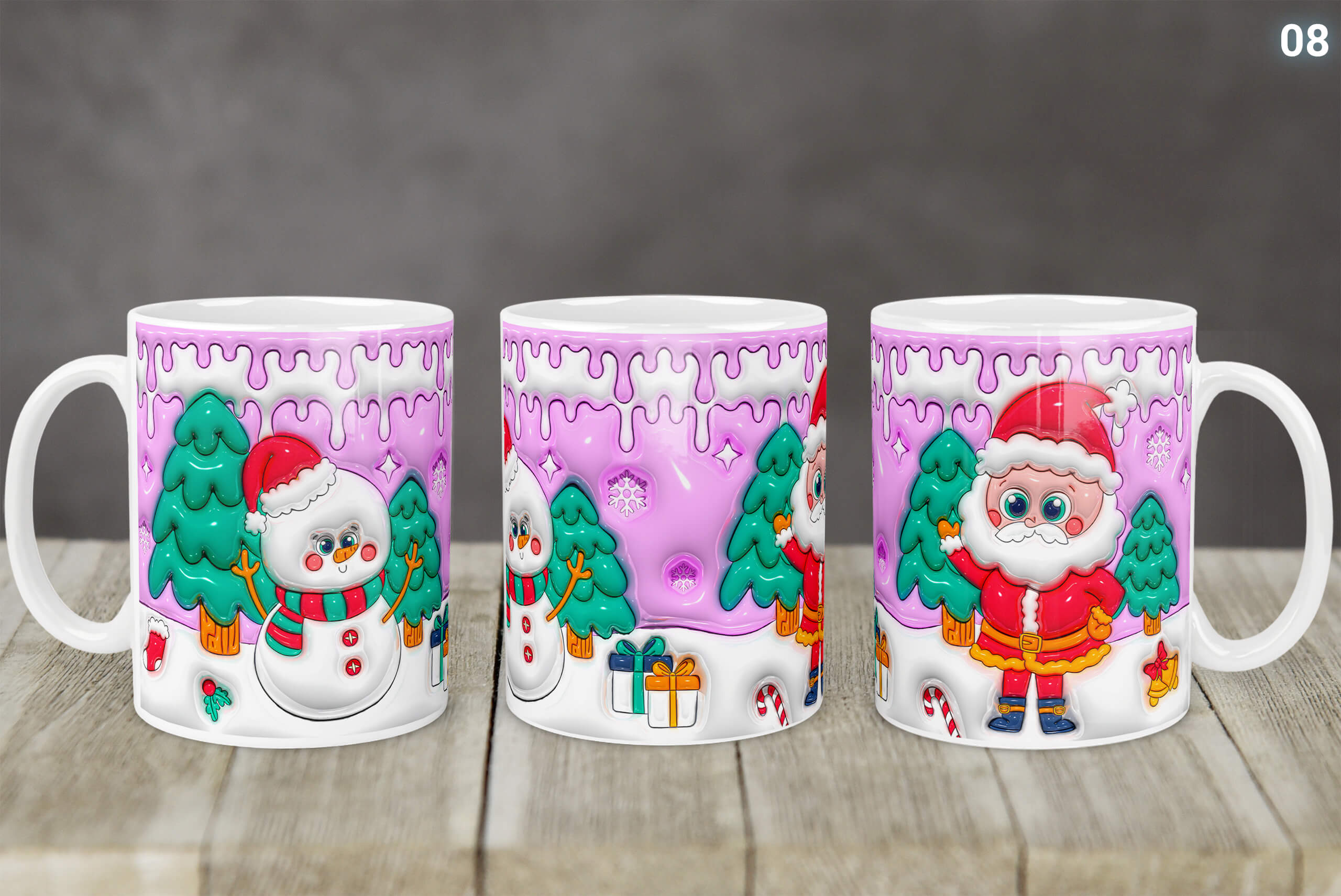 Kubek Świąteczny Z Mikołajem Bałwankiem 3D 14 Wzorów | Kreatorprezentu.pl Kubek świąteczny z nadrukiem Mikołaja i bałwanka na fioletowym tle z choinkami i prezentami