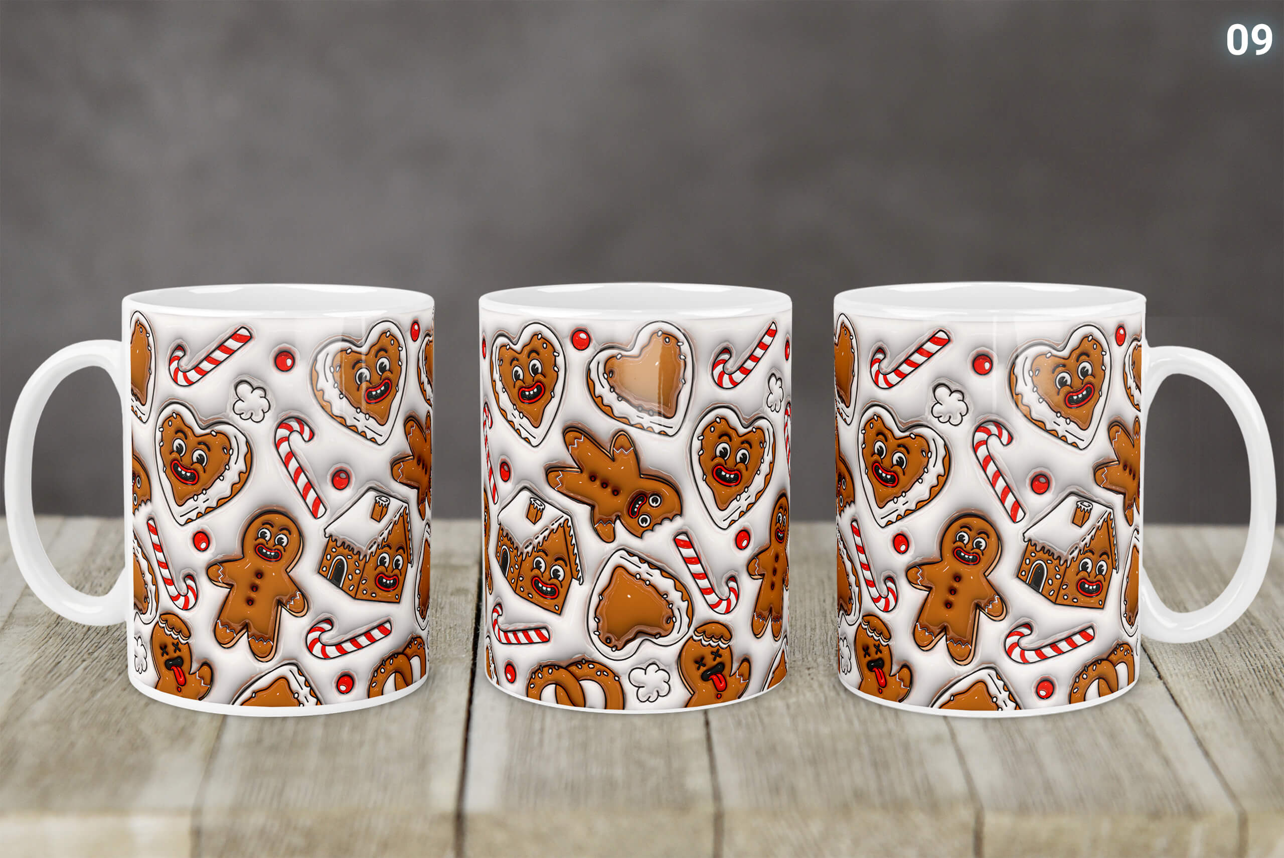 Kubek Świąteczny Z Mikołajem Bałwankiem 3D 14 Wzorów | Kreatorprezentu.pl Kubek świąteczny z nadrukiem piernikowych ciasteczek, lizaków i chatki na białym tle