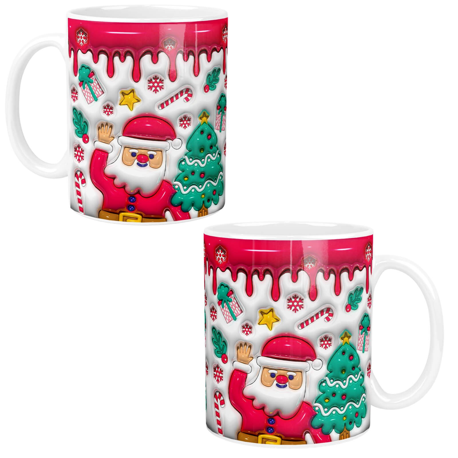 Kubek Świąteczny Z Mikołajem Bałwankiem 3D 14 Wzorów | Kreatorprezentu.pl Kubek świąteczny z kolorowym wzorem Mikołaja, choinki i prezentów na białym tle z czerwonym akcentem