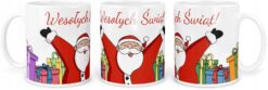 Kubek świąteczny z ilustracją wesołego Mikołaja i napisem Wesołych Świąt oraz kolorowymi prezentami